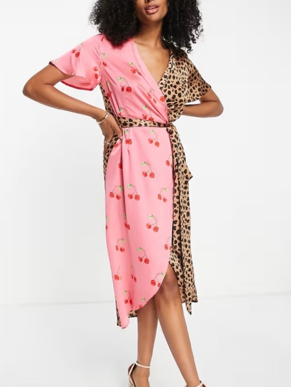 Never Fully Dressed Pink Cherry & Leopard Print Wrap Midi Dress